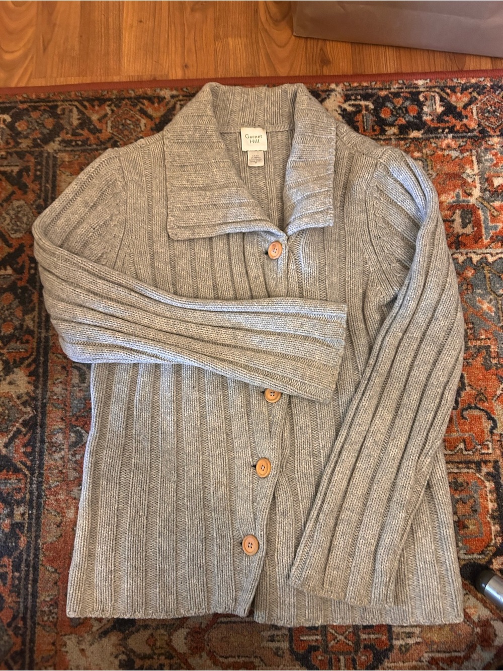 Garnet Hill Gray Ribbed Shawl-Collar Button Cardigan - wool & cashmere